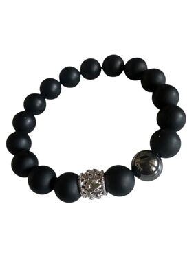 Classic 10mm Matte Onyx & Hematite Stretch Bracelet Silver Filigree Crystal
